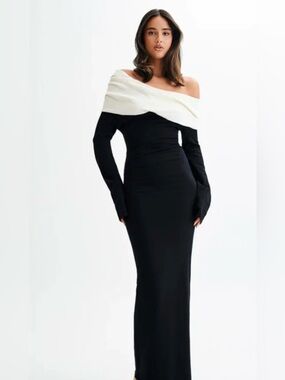Off-Shoulder Black and Ivory Evening Gown